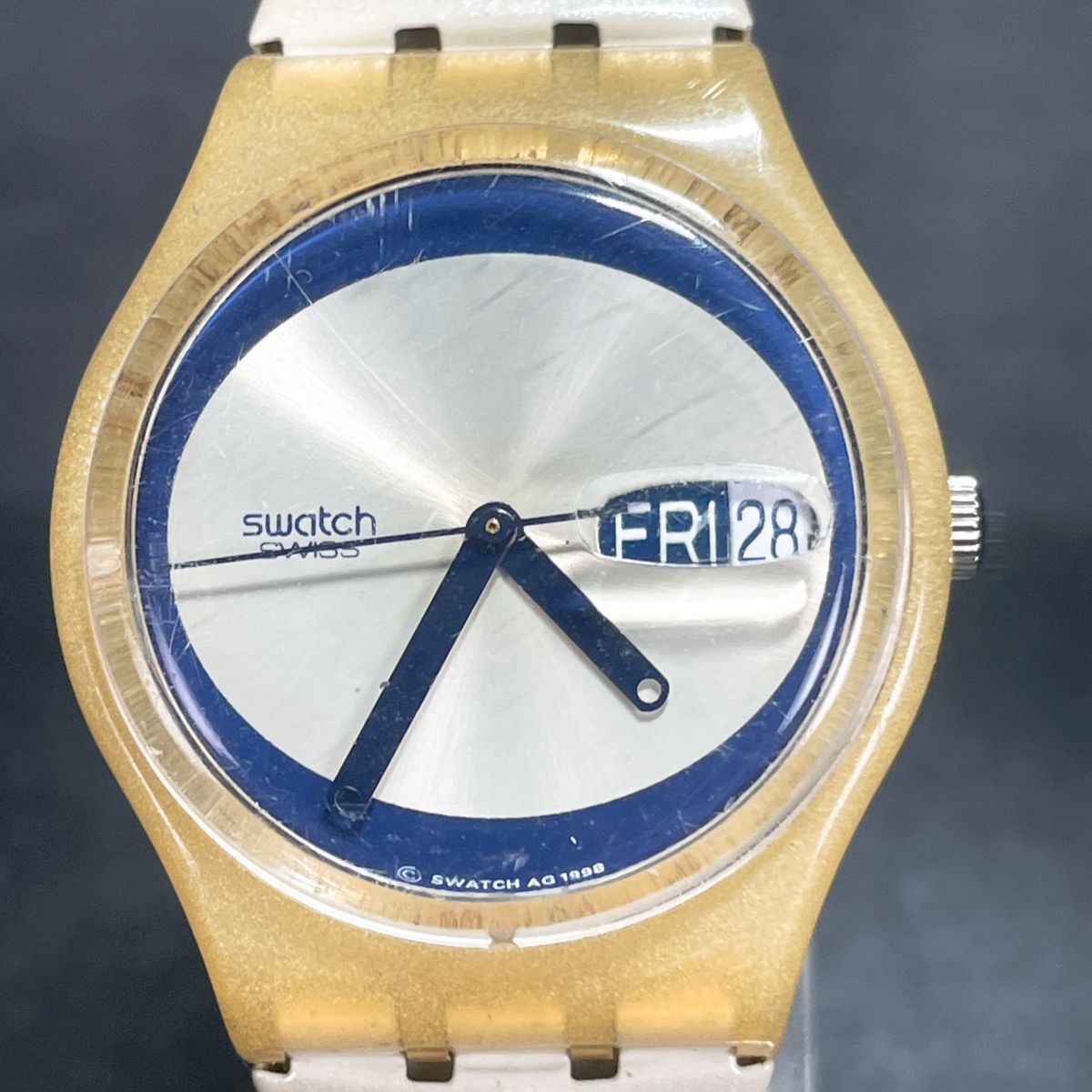 Swatch スウォッチ AG1998 腕時計 アナログ クオーツ 3針 カレンダー シルバー文字盤 伸縮バンド ホワイト スケルトン ユニセックス_画像1