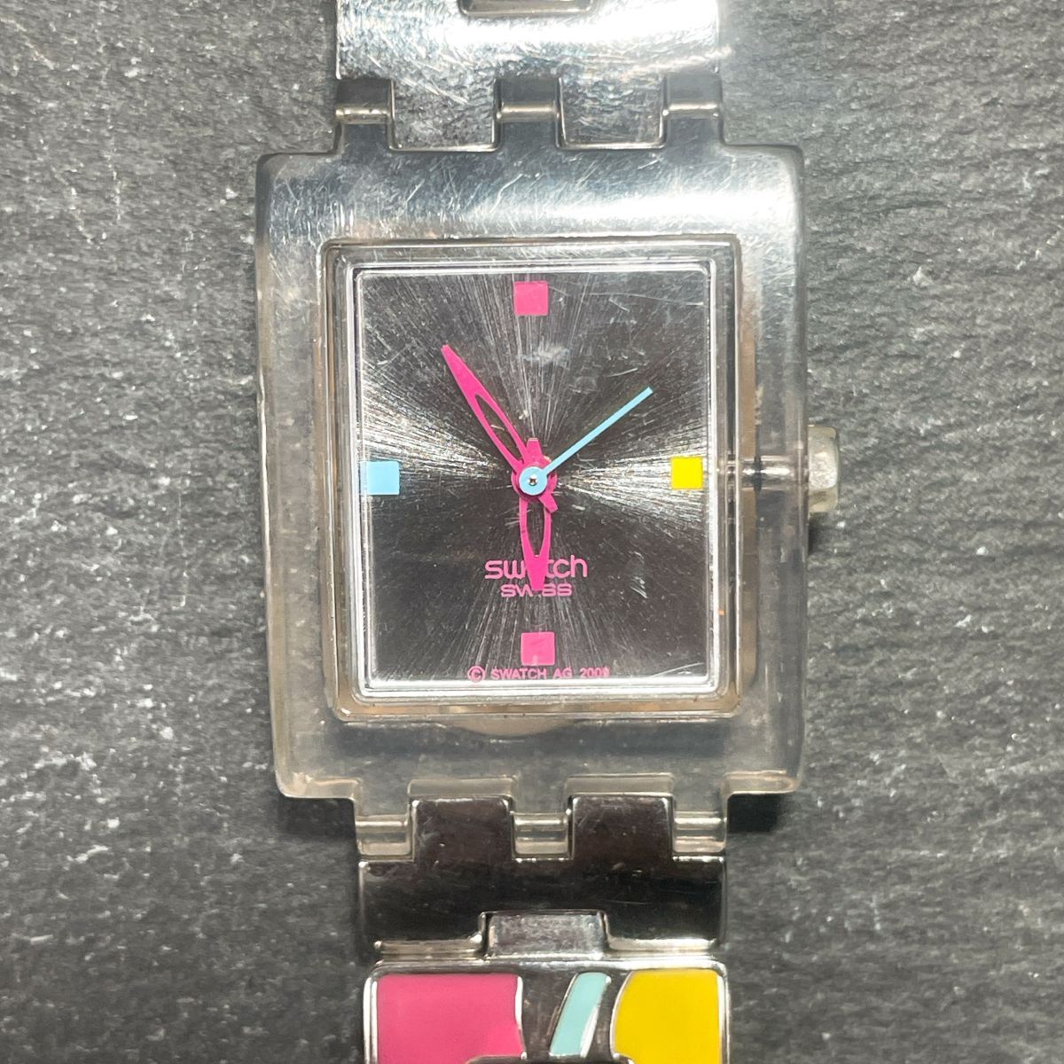 Swatch スウォッチ HOT BATIK GREEN SUBK145G 腕時計 アナログ クオーツ 3針 スクエア メタルバンド スケルトン ピンク シルバー_画像1