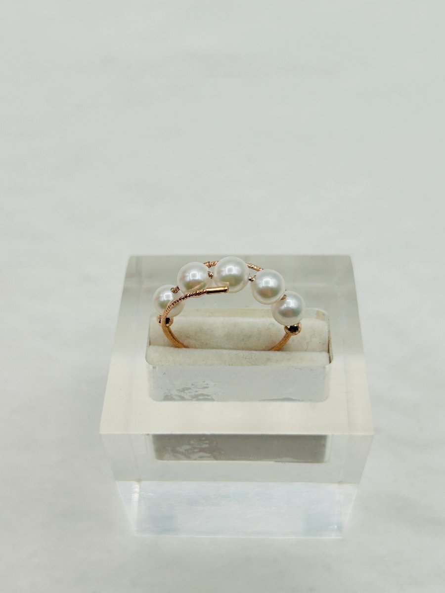 フリーサイズ! 真珠 K18PG アコヤパール リング 4.5-5.0㎜ 5ピース使い 形状記憶 18金ピンクゴールド_画像2