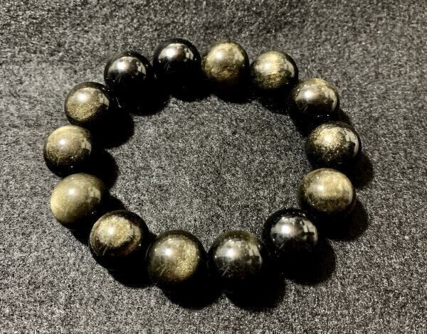 【Premio Fortuna】金曜石 ゴールデンオプシディアン 14ミリブレスレット ゴールドのシラーが美しい金運のパワーストーン 314039☆_画像4