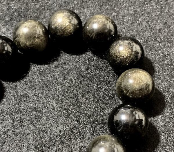 【Premio Fortuna】金曜石 ゴールデンオプシディアン 14ミリブレスレット ゴールドのシラーが美しい金運のパワーストーン 314039☆_画像2