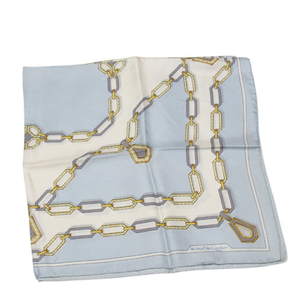【30%OFFクーポン】カルティエ CARTIER スカーフ チェーン柄 ブルー ホワイト 白系 レディース 中古_画像1
