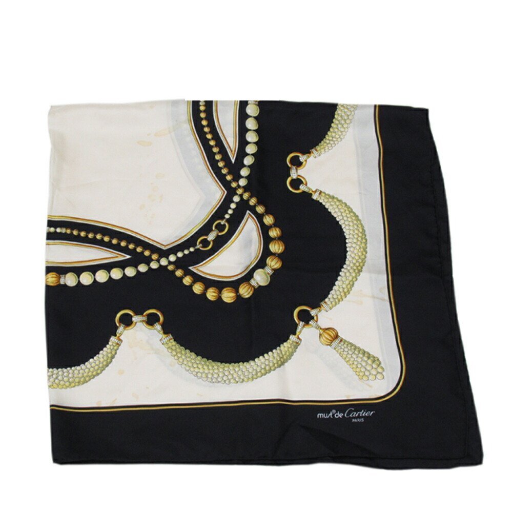 【30%OFFクーポン】カルティエ CARTIER スカーフ プリント 柄 ブラック ベージュ系 レディース 中古_画像1