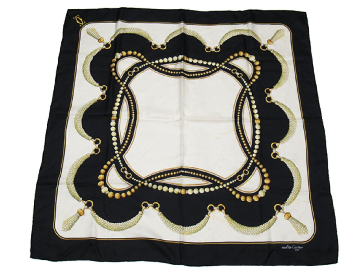 【30%OFFクーポン】カルティエ CARTIER スカーフ プリント 柄 ブラック ベージュ系 レディース 中古_画像4