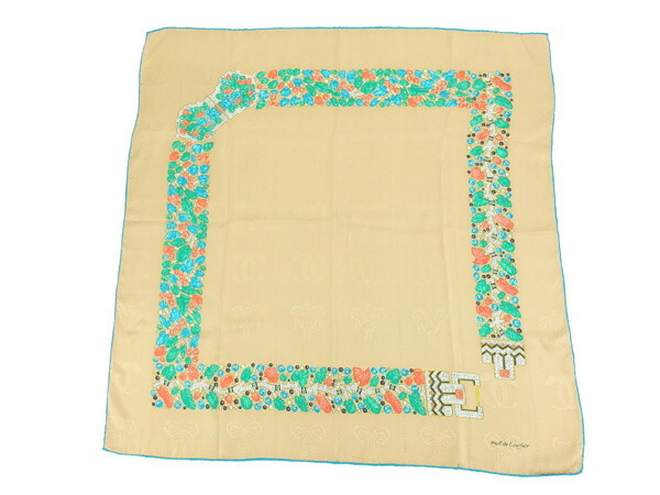 【30%OFFクーポン】カルティエ スカーフ 大判サイズ レディース マストライン ベージュ×ブルー系 中古_画像2