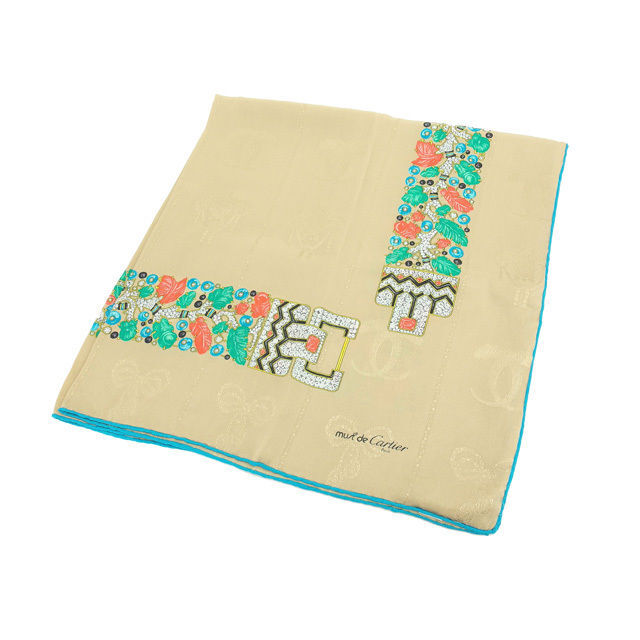 【30%OFFクーポン】カルティエ スカーフ 大判サイズ レディース マストライン ベージュ×ブルー系 中古_画像1