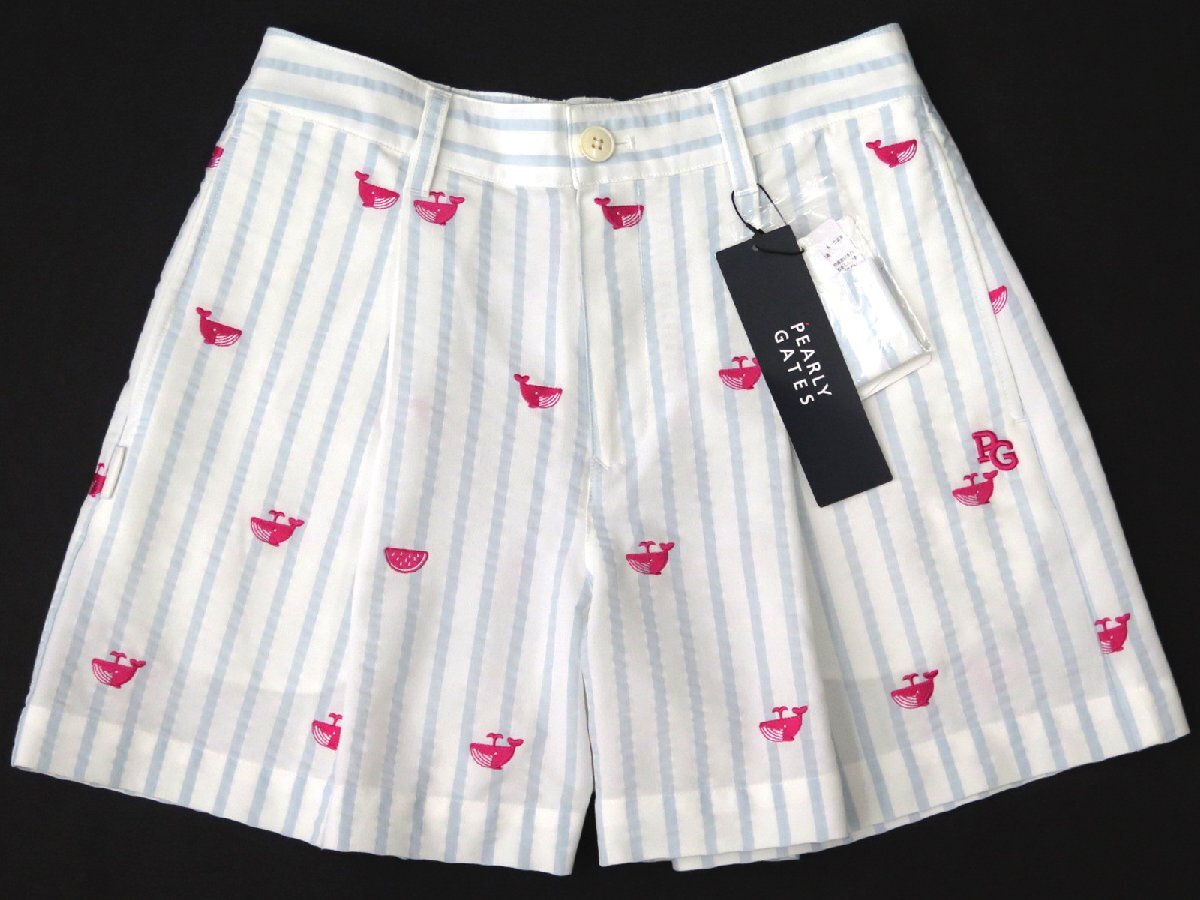 G134● PEARLY GATES パーリーゲイツ ●新品 【クジラ＆スイカ刺繍】 サッカーストライプ　ストレッチ キュロット　白/S　定価30800円_画像2