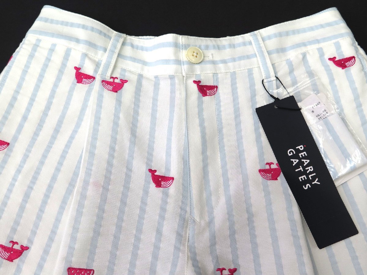 G134● PEARLY GATES パーリーゲイツ ●新品 【クジラ＆スイカ刺繍】 サッカーストライプ　ストレッチ キュロット　白/S　定価30800円_画像4