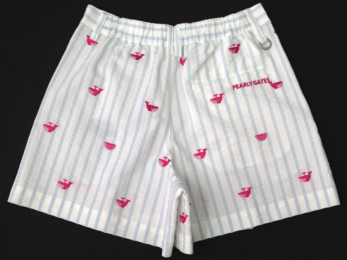 G134● PEARLY GATES パーリーゲイツ ●新品 【クジラ＆スイカ刺繍】 サッカーストライプ　ストレッチ キュロット　白/S　定価30800円_画像7