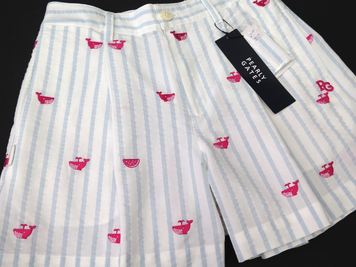 G134● PEARLY GATES パーリーゲイツ ●新品 【クジラ＆スイカ刺繍】 サッカーストライプ　ストレッチ キュロット　白/S　定価30800円_画像3