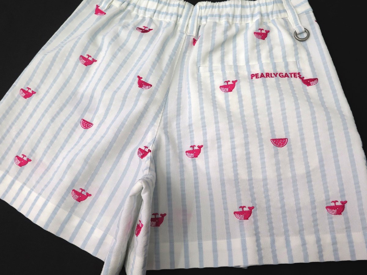 G134● PEARLY GATES パーリーゲイツ ●新品 【クジラ＆スイカ刺繍】 サッカーストライプ　ストレッチ キュロット　白/S　定価30800円_画像8