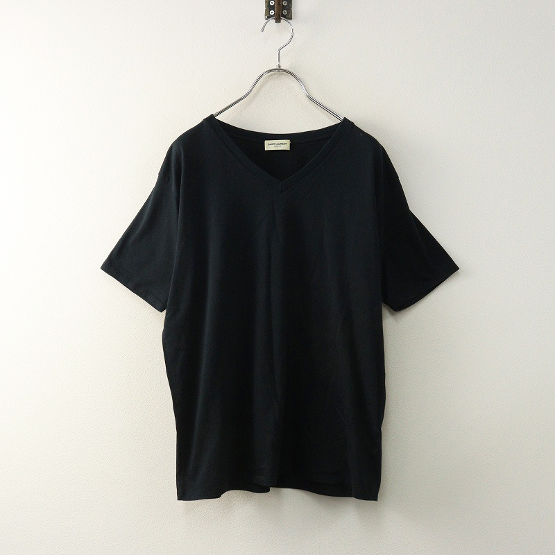 JPタグ サンローランパリ Saint Laurent PARIS エディ期 コットンVネック半袖Tシャツ XS ブラック┃イタリア製【2400014574388】_画像1