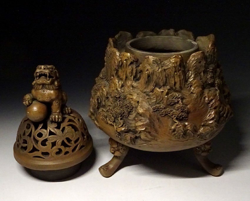 緑屋c■ 古賀 愁彩 作　道園窯　細密山水楼閣浮彫　大香炉　高約28.5cm　i9/10-6930/6-2#80_画像7