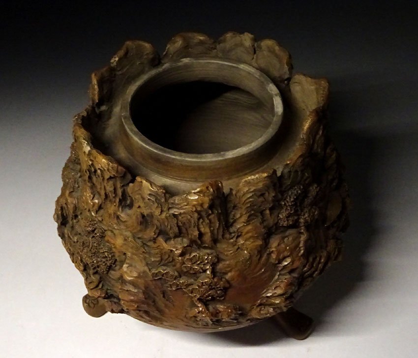 緑屋c■ 古賀 愁彩 作　道園窯　細密山水楼閣浮彫　大香炉　高約28.5cm　i9/10-6930/6-2#80_画像8