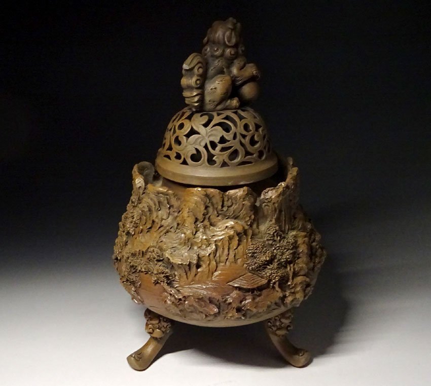 緑屋c■ 古賀 愁彩 作　道園窯　細密山水楼閣浮彫　大香炉　高約28.5cm　i9/10-6930/6-2#80_画像6