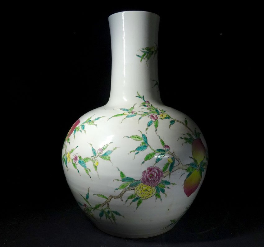 緑屋c■ 中国古玩　粉彩 桃木紋　天球瓶 花瓶 壺　大清乾隆年製　高さ約52.7cm　唐物 時代物　i9/10-6938/31-2#160_画像5