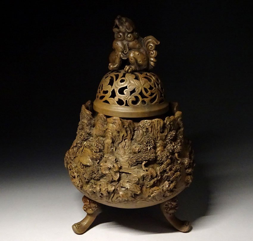 緑屋c■ 古賀 愁彩 作　道園窯　細密山水楼閣浮彫　大香炉　高約28.5cm　i9/10-6930/6-2#80_画像3