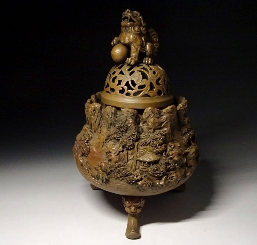 緑屋c■ 古賀 愁彩 作　道園窯　細密山水楼閣浮彫　大香炉　高約28.5cm　i9/10-6930/6-2#80_画像2