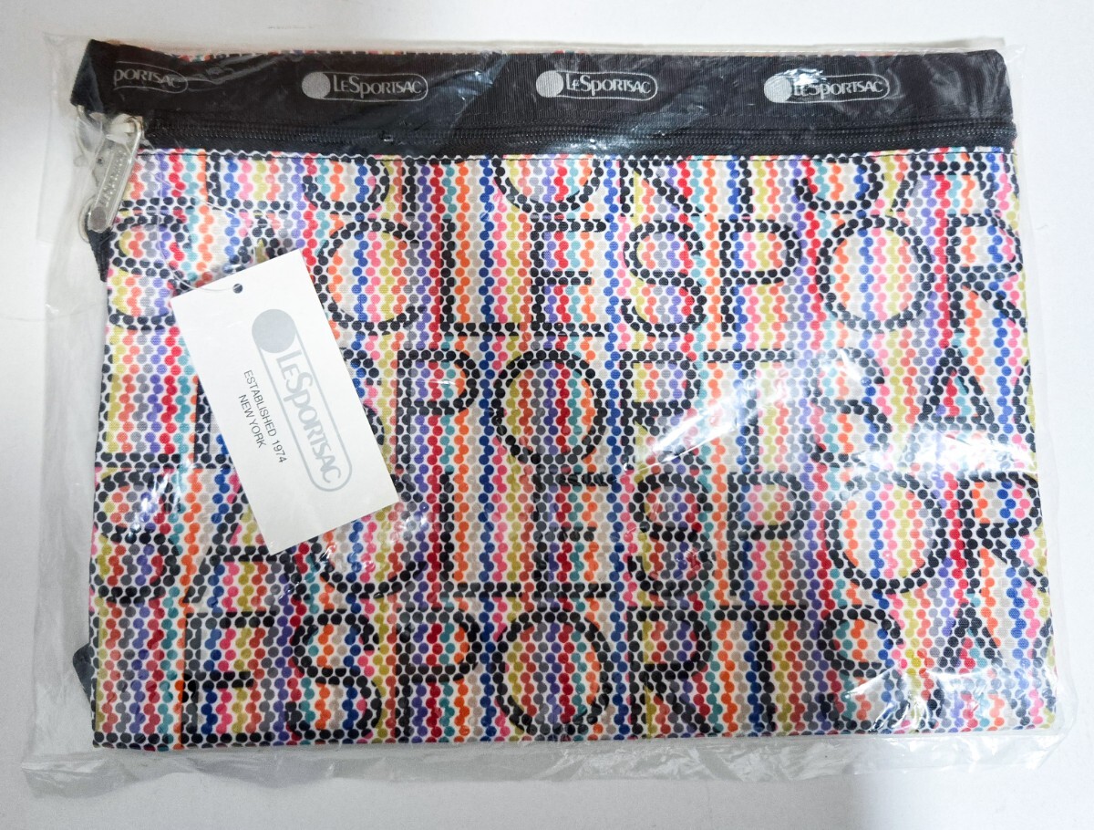 新品未使用 レスポートサック LeSportsac フラットポーチ クラッチバッグとしても使用可 ドット模様 レインボーカラー ストラップ付き_画像1