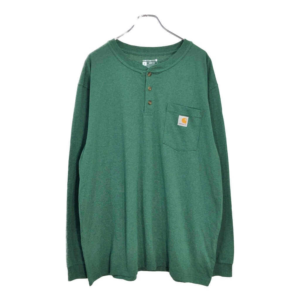 Carhartt カーハート ヘンリーネック 長袖ポケットＴシャツ グリーン(メンズ XL)中古 古着 V6416_画像1