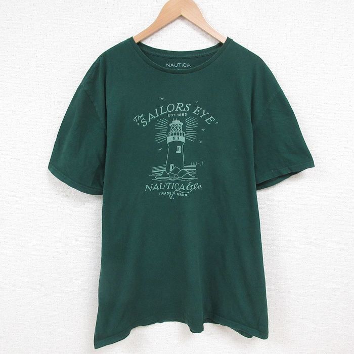 XL/ б/у одежда Nautica короткий рукав бренд футболка мужской лампа шт. большой размер хлопок вырез лодочкой зеленый зеленый 25jun10 б/у 