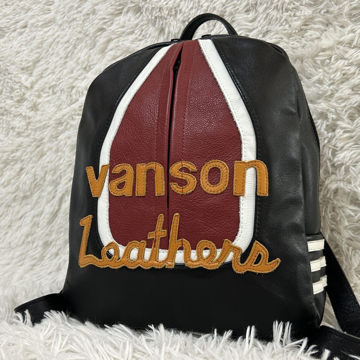 極美品/超希少/バックパック VANSON バンソン リュック 刺繍 バイカー ワンスター メンズ バイク レザー 本革 1円 USA製 黒 ブラック_画像1