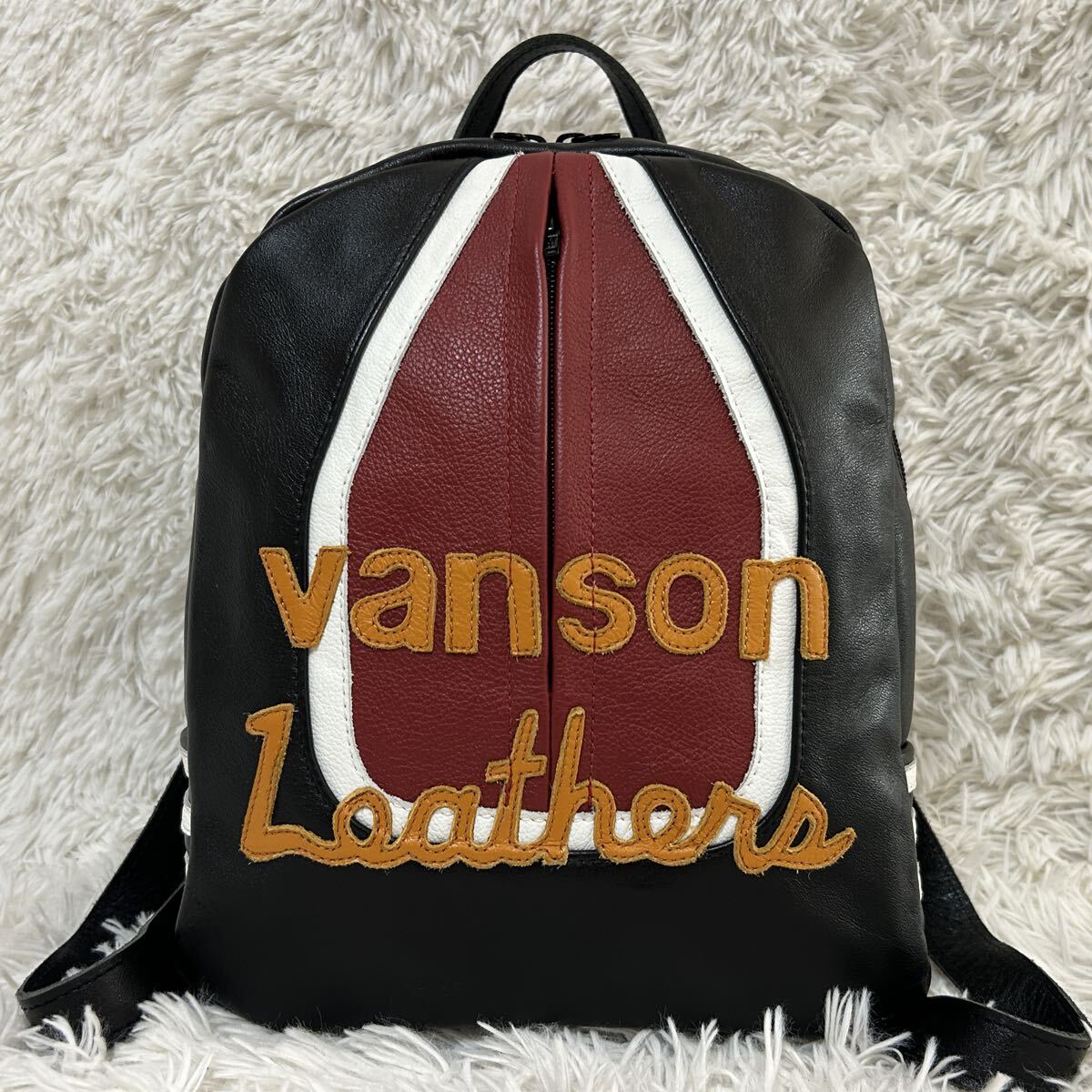 極美品/超希少/バックパック VANSON バンソン リュック 刺繍 バイカー ワンスター メンズ バイク レザー 本革 1円 USA製 黒 ブラック_画像2