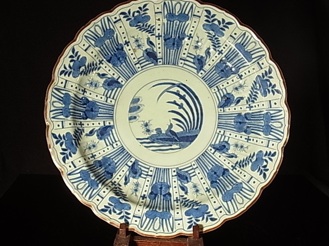 染付芙蓉手皿/幕末品　乾銘 35㎝　ヒビカケ無写真参照してください_画像1