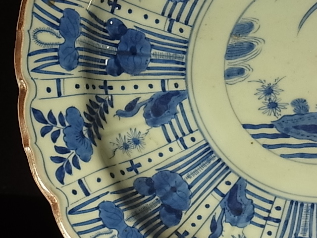 染付芙蓉手皿/幕末品　乾銘 35㎝　ヒビカケ無写真参照してください_画像4
