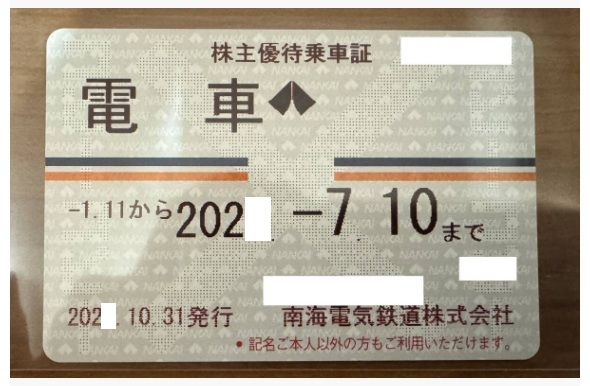 南海電鉄 株主優待乗車証 書留発送_画像1