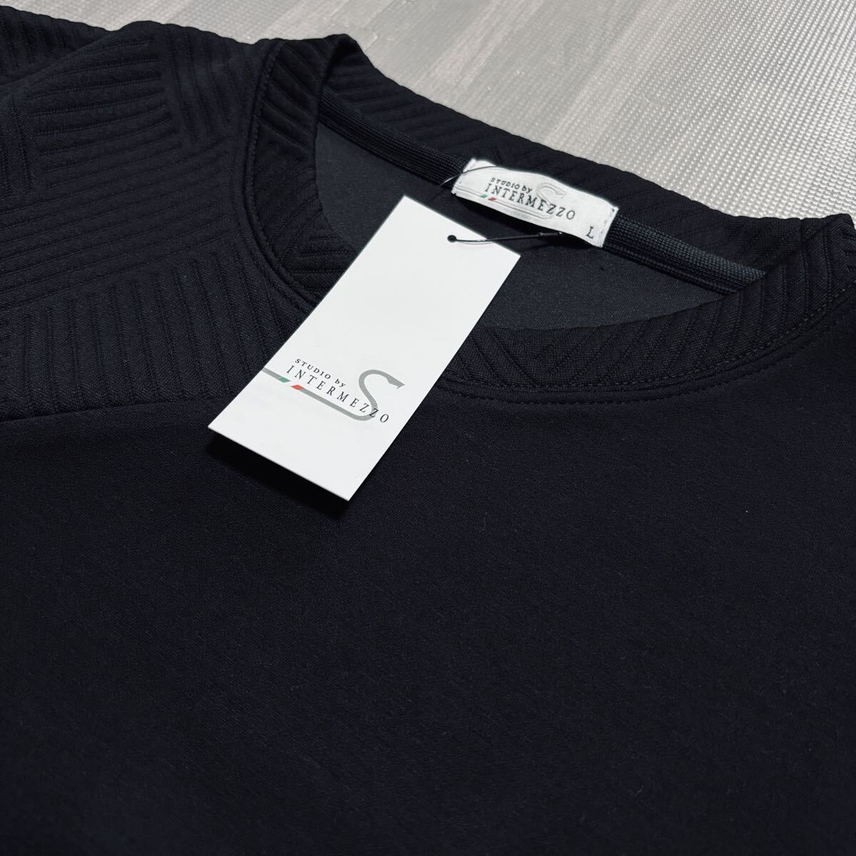 Lサイズ インターメッツォ デザイナーシャツ 長袖 トレーナー 切替デザイン ストレッチ 春夏秋 INTERMEZZO 新品 送料無料 ブラック 黒 _画像1