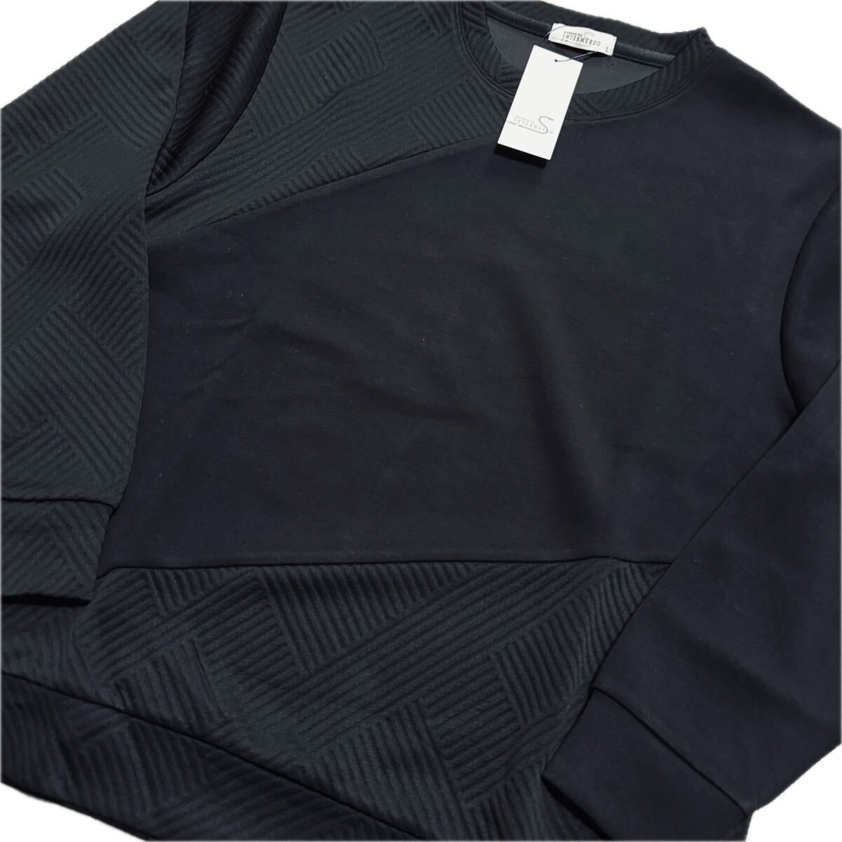 Lサイズ インターメッツォ デザイナーシャツ 長袖 トレーナー 切替デザイン ストレッチ 春夏秋 INTERMEZZO 新品 送料無料 ブラック 黒 _画像4