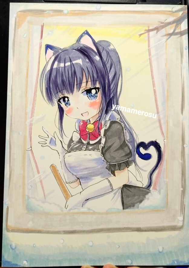  ручные иллюстрации оригинал Cara . кошка уголок meido исходная картина A4