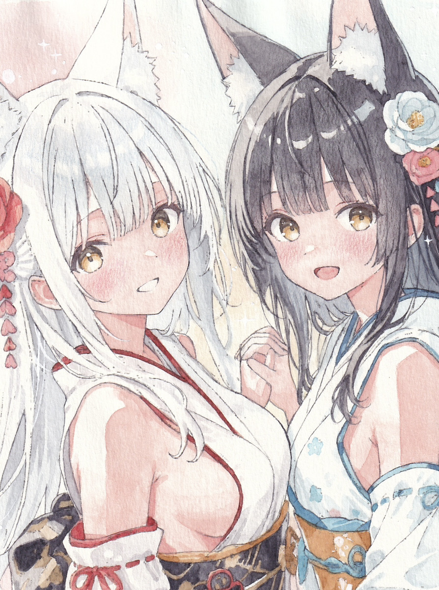  один пункт предмет рука .. прозрачный акварель иллюстрации [. жизнь. 2 человек ... договоренность ] 100 .. женщина кимоно kemo уголок кошка уголок .. чёрный . серебряный . симпатичный прекрасный женщина оригинал A4 размер 