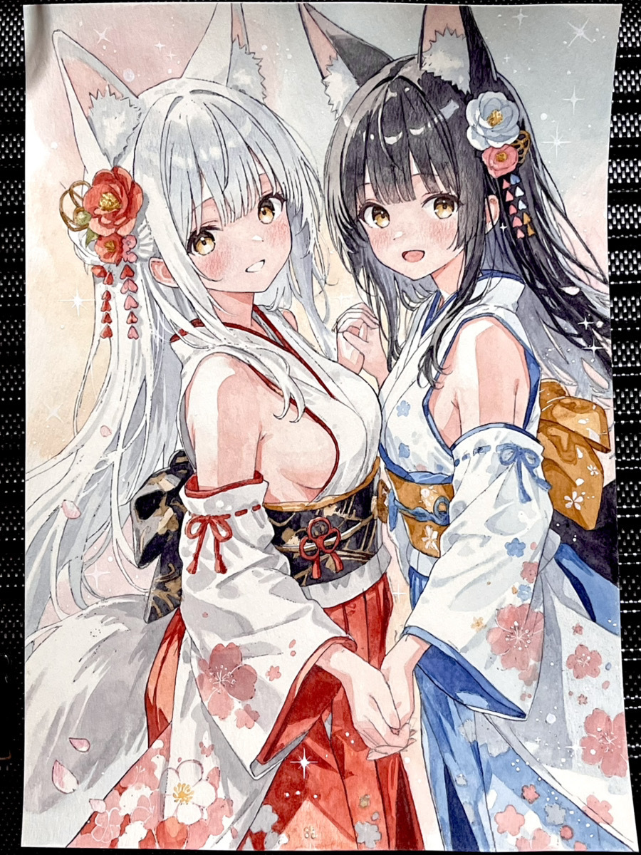  один пункт предмет рука .. прозрачный акварель иллюстрации [. жизнь. 2 человек ... договоренность ] 100 .. женщина кимоно kemo уголок кошка уголок .. чёрный . серебряный . симпатичный прекрасный женщина оригинал A4 размер 