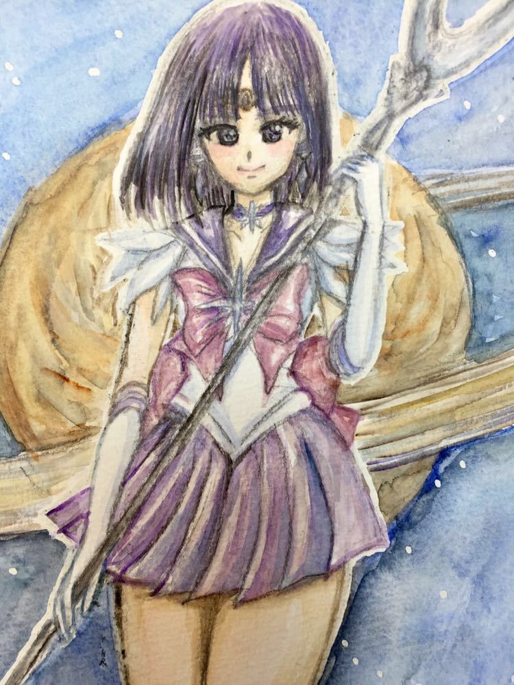 手描きイラスト 原画 1点もの 美少女戦士セーラームーン セーラーサターン 土萌ほたる B5 水彩紙 同人イラスト 水彩 【あおきしずか】_画像1