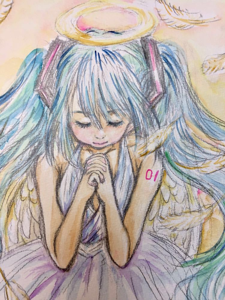 ヤフオク 手描きイラスト 原画 1点もの 初音ミク 天使 天