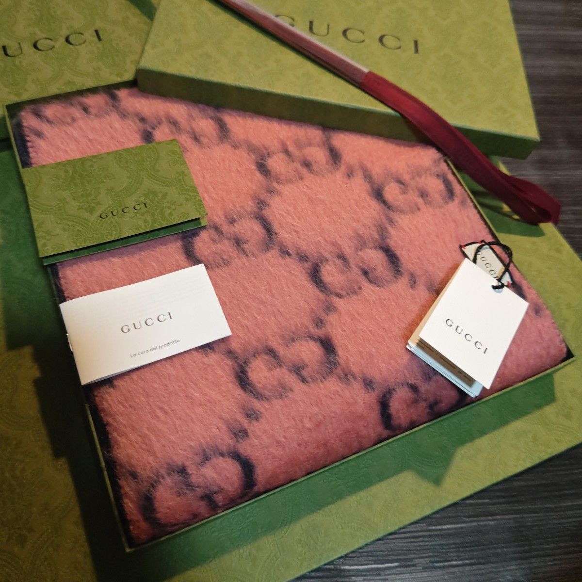 極美品箱付き GUCCI マフラー ストール スカーフ ピンク アルパカ