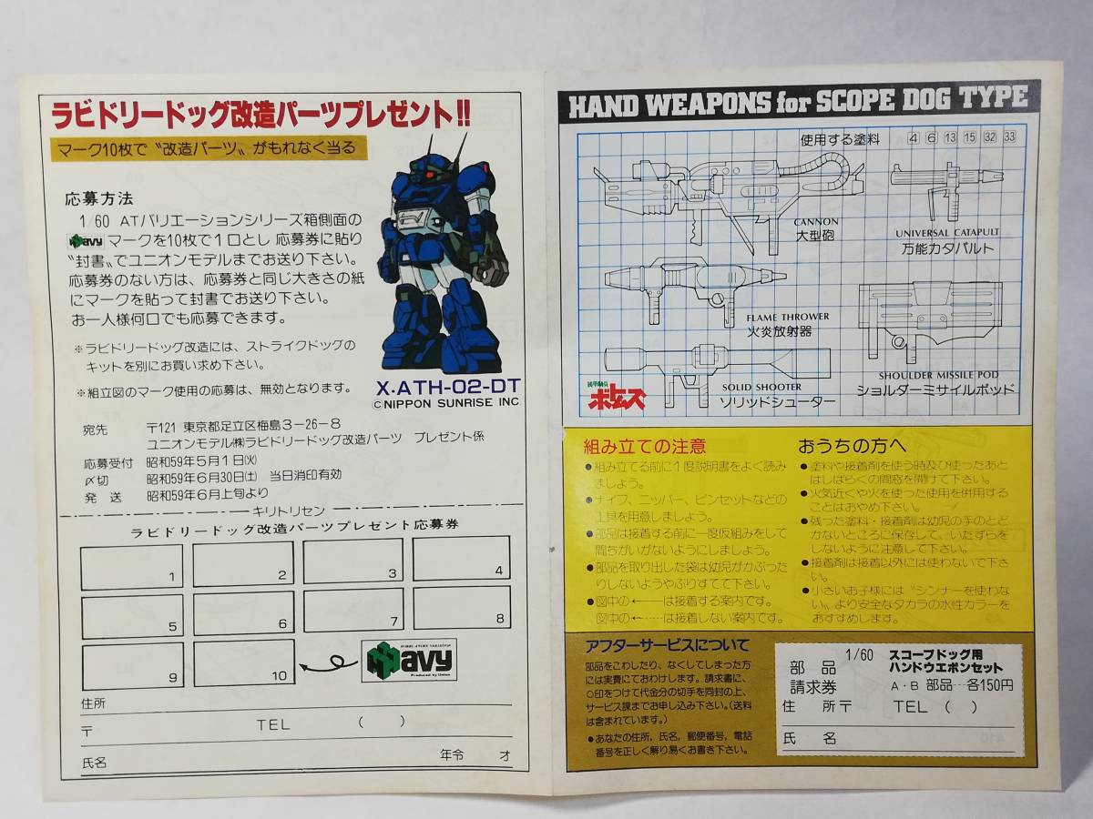 1/60 scope dog for hand u Epo n set Armored Trooper Votoms barcode less Union model used not yet constructed plastic model rare out of print at that time mono 