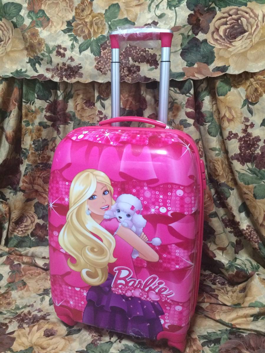 送料無料 ★ Barbie バービー ピンク キャリーケース トランク 旅行 カバン バッグ ★ 中サイズ フェイス柄 プードル_画像1