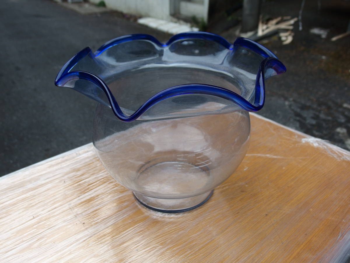[201224 O] б/у старый круглый аквариум оборка type дуть . стекло синий цвет пузырь retro ширина 22cm× глубина 22cm× высота 16.5cm