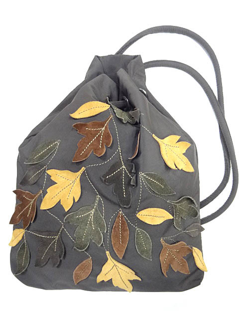 BRACCIALINI ブラッチャリーニ イタリア製 レザー 葉 パッチワーク 装飾 ナイロン 巾着 バッグ リュック トート ショルダー 鞄 茶 ブラウン