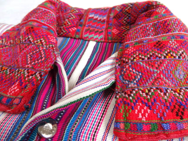 ビンテージ 希少 エスニック 民族 ストライプ 総柄 ビッグ サイズ 巨大襟 シャツ ジャケット 赤 ピンク ネイティブ 南米 レア 個性的 珍品_画像5