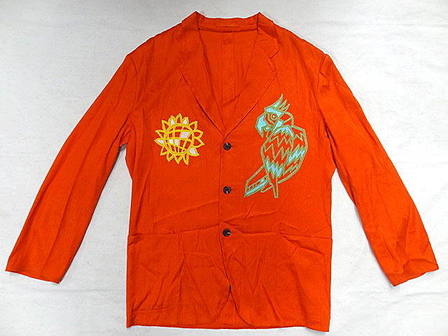 GRASS MENS JUN SAITO デザイナーズ リネン コットン オレンジ 刺繍 装飾 テーラード ジャケット オウム ひまわり グラスメンズ 日本製 Ｍ