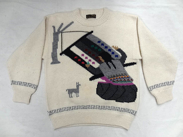 INCA インカ ペルー製 アルパカ 100％ ハンドメイド ニット セーター 機織り 女 柄 織り 白 ナチュラル ホワイト 生成り レア 珍品 南米