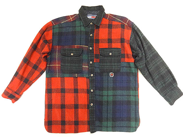 トミーヒルフィガー USA製 パネル パッチワーク ウール シャツ ジャケット XXL オーバー サイズ ビッグ カラー 色 総柄 2 ポケット 赤 緑_画像1
