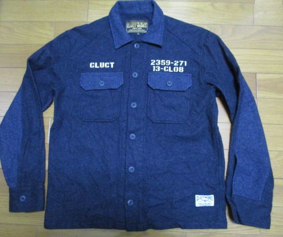 日本製　CLUCT　ステンシル　ウールシャツ　Mサイズ　長袖　切り返し　切替　WOOL　青系　ARMY　ミリタリーテイスト_画像2