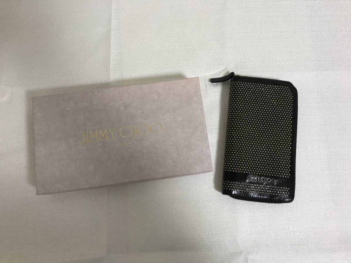美品本物ジミーチュウJIMMYCHOOスタッズ本革レザーラウンドファスナー