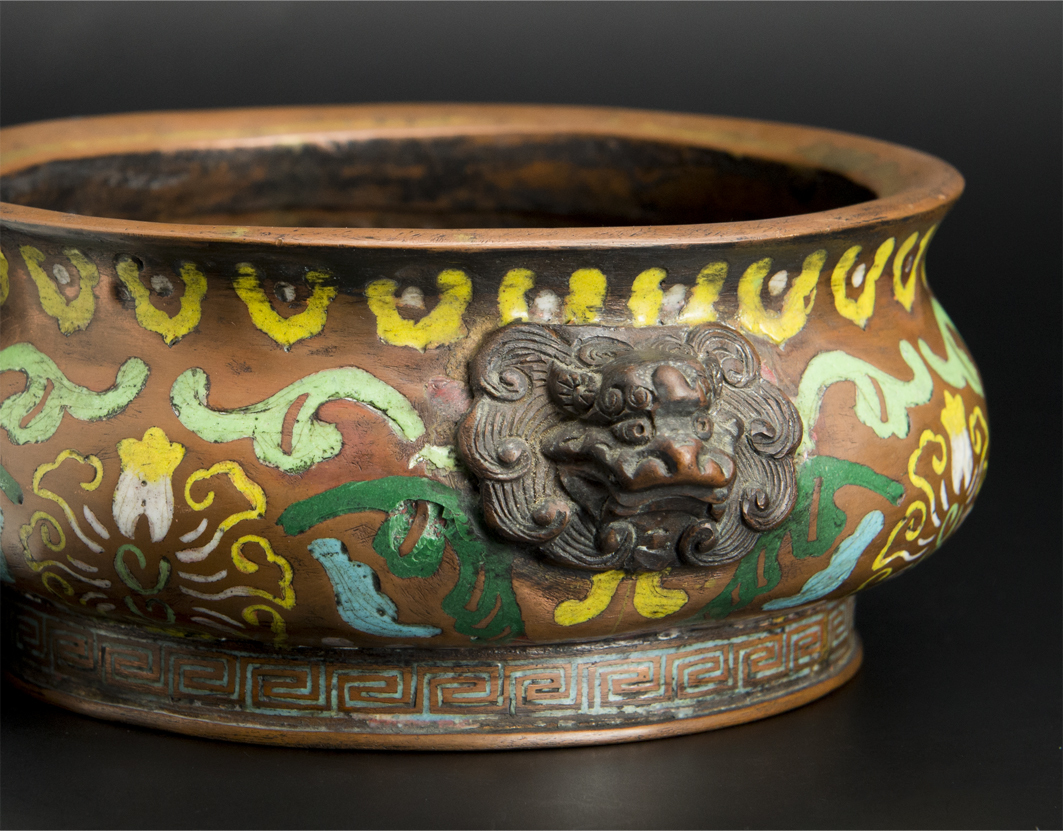 清 銅嵌彩獅爐 大明宣徳年製款 中国 古美術_画像5