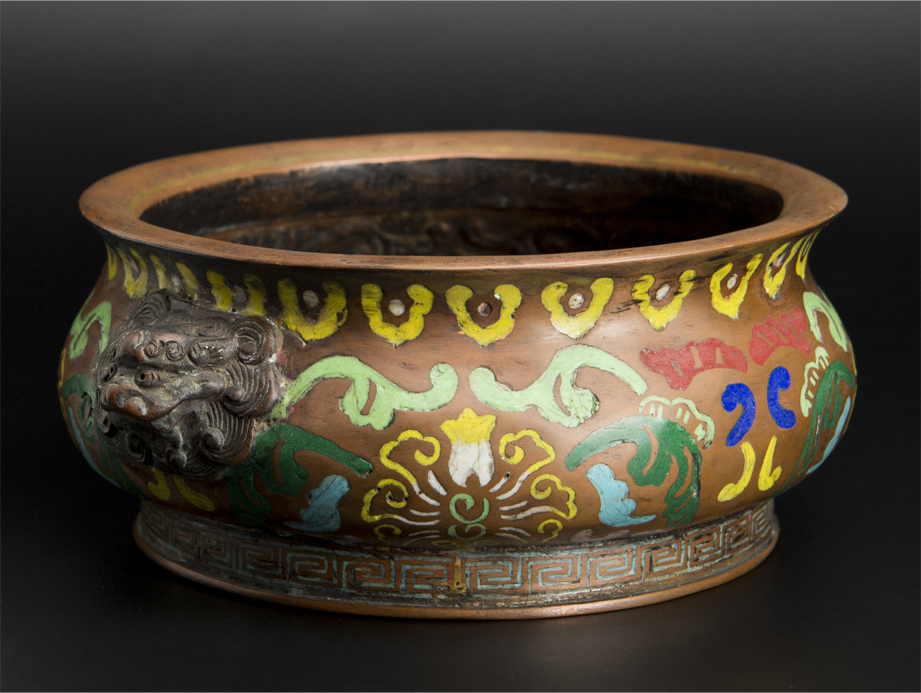 清 銅嵌彩獅爐 大明宣徳年製款 中国 古美術_画像2